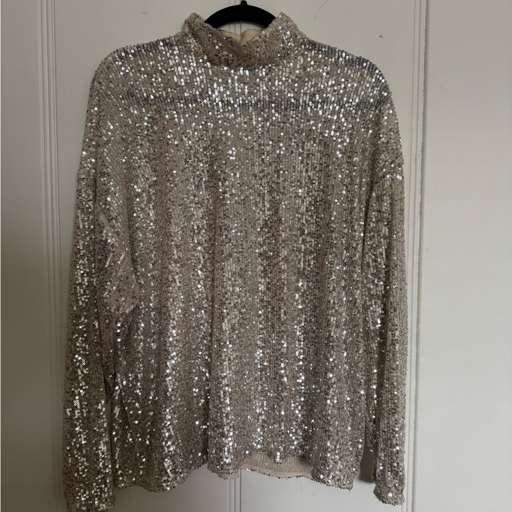 H&M Long Sleeve Sequin Blouse, Silver, Size S/M